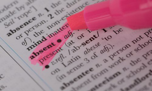 Absent word highlighted in pink in the dictionary.