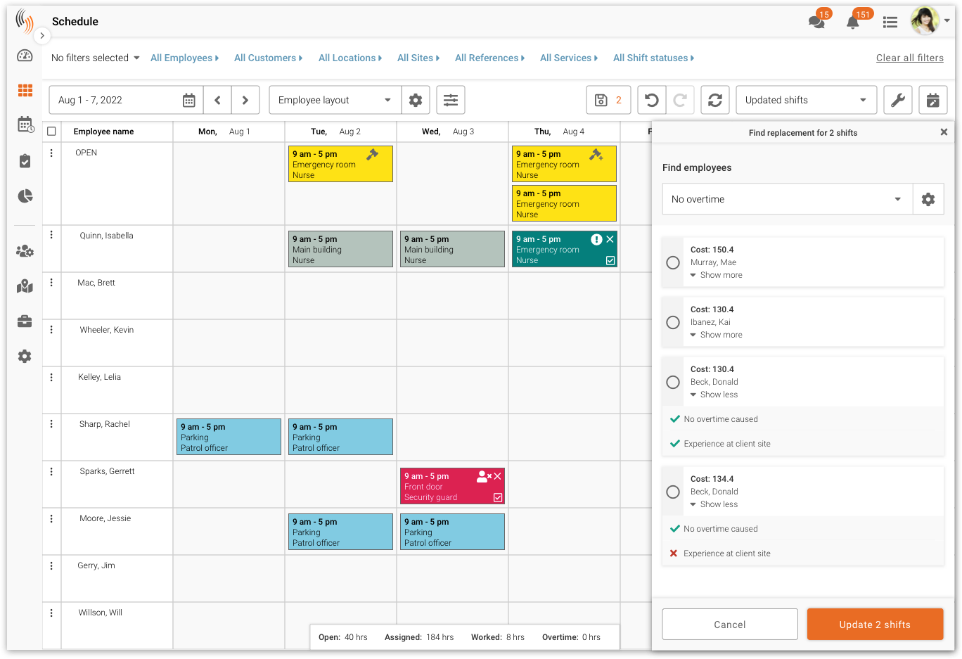 find replacement tool in employee scheduling