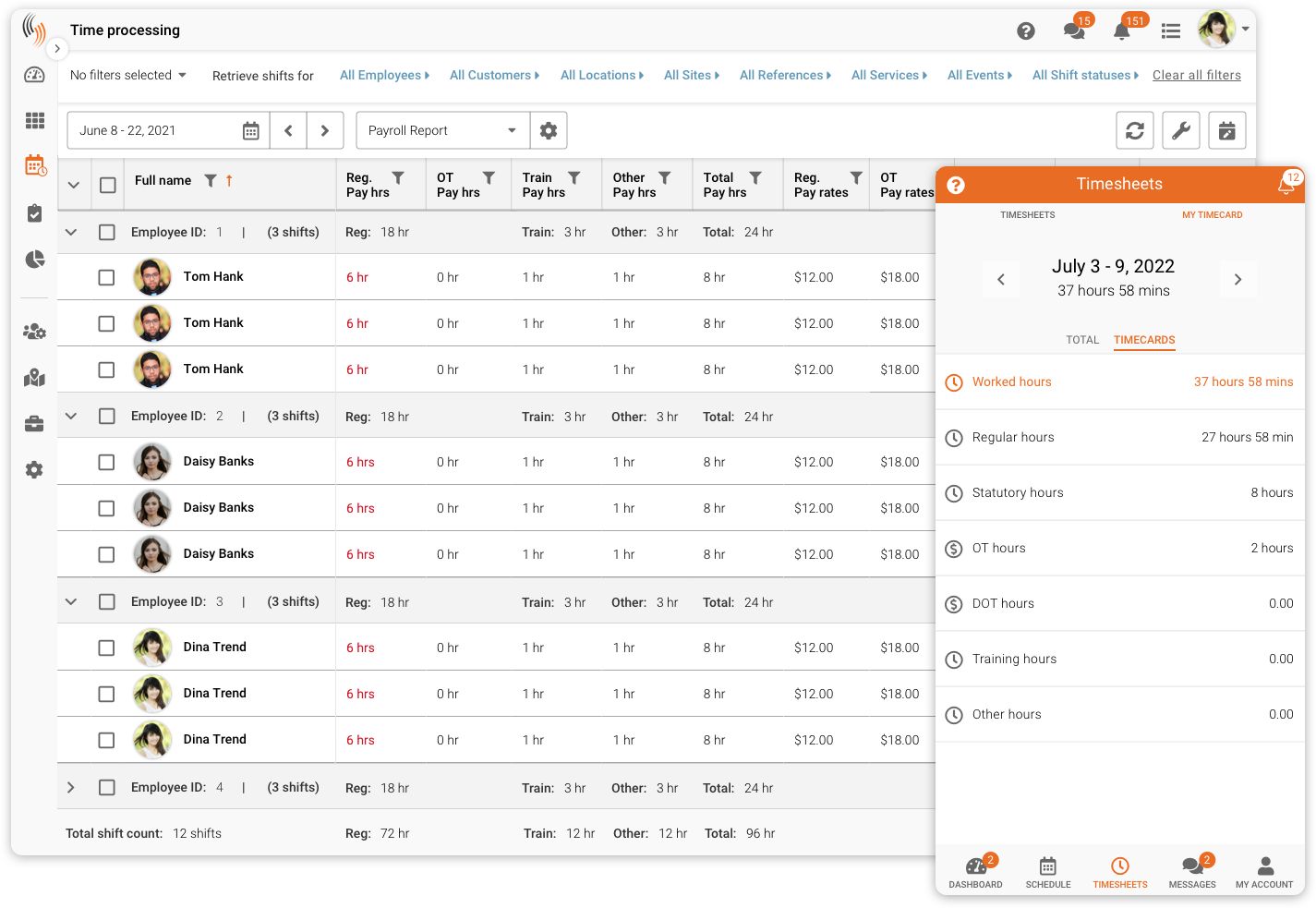 Celayix Time & Attendance platform showing employee management