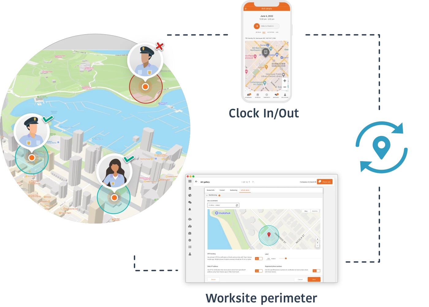 Geofencing feature showing clock in and worksite perimeter