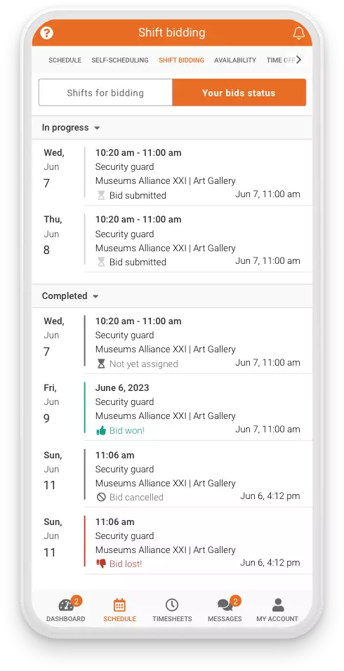 Celayix mobile showing the shift-bidding feature